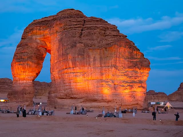 Tourists at the Elephant Rock. The Elephant Rock is one of the world’s most popular rocks and the highlight of the region of AlUla.
