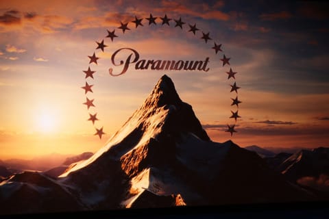 The Paramount logo is displayed on screen during the Paramount Pictures presentation at The Colosseum at Caesars Palace at CinemaCon 2025 in Las Vegas, Nevada, on April 3, 2025.