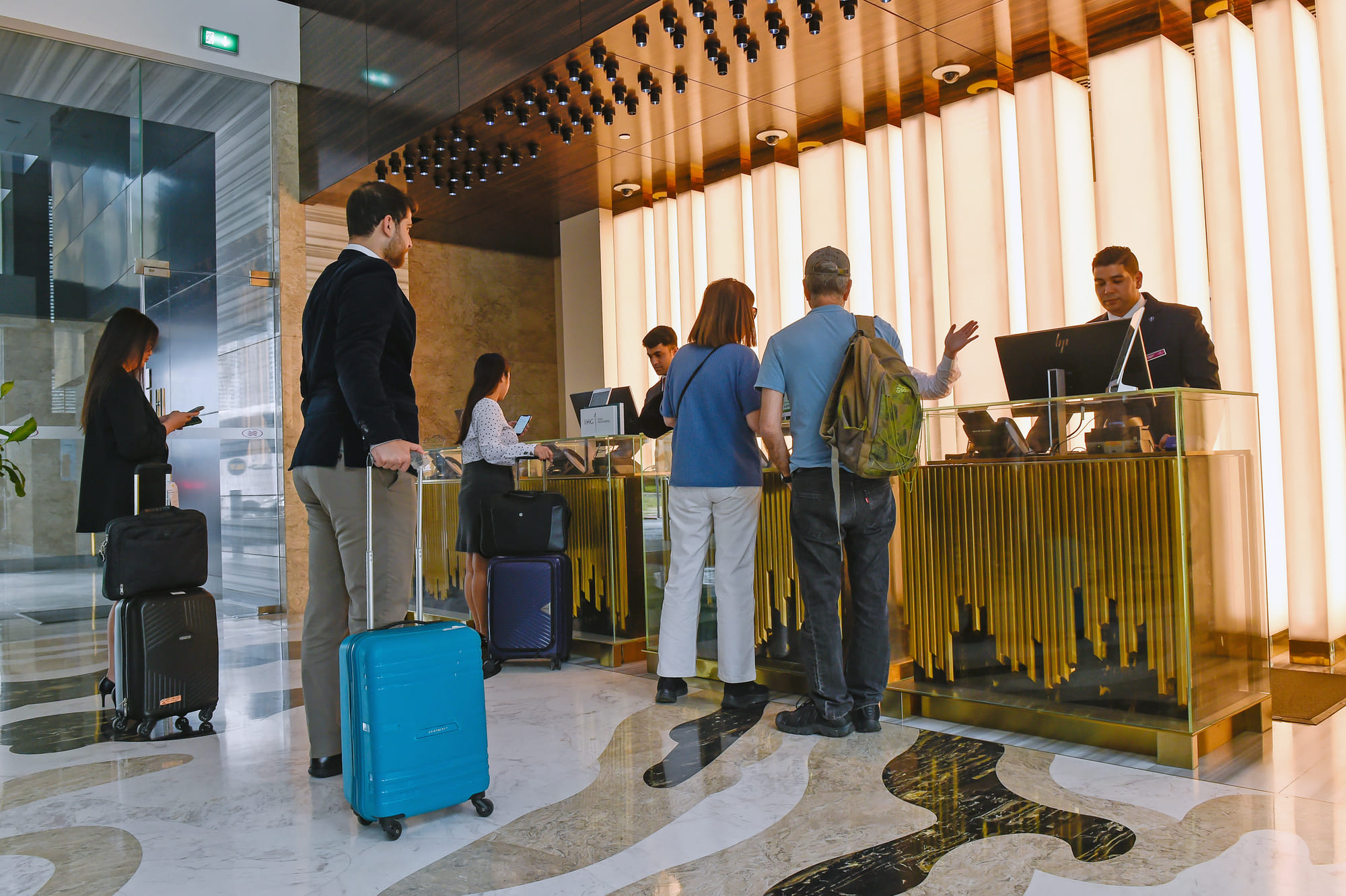 Tourists at Crown Plaza hotel, Dubai Marina.