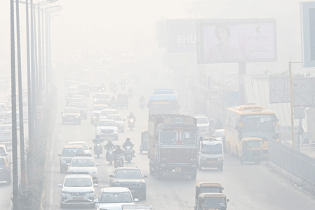 A thick layer of smog blankets Delhi-NCR on Monday, December 15, 2025.