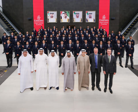 Sheikh Ahmed bin Saeed Al Maktoum, Chairman and Chief Executive of Emirates Airline and Group, leads Emirates cadet pilot ceremony with top executives and flight training leaders. 
