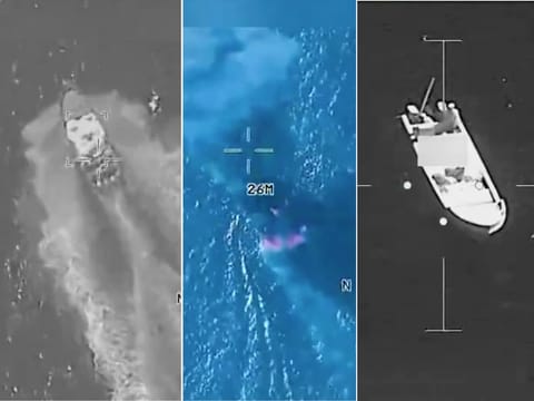 A screengrab showing strikes on three alleged drug-trafficking boats as part of Task Force Southern Spear.