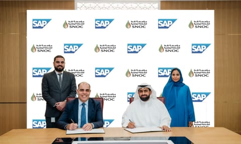 Marwan Zeineddine, Managing Director, SAP UAE and Khamis Al Mazrouei, CEO, SNOC, sign the agreement. 
The agreement was signed in the presence of Eddy Azar, Senior Account Manager, SAP UAE and Hala Alhashmi, IT Manager, SNOC

