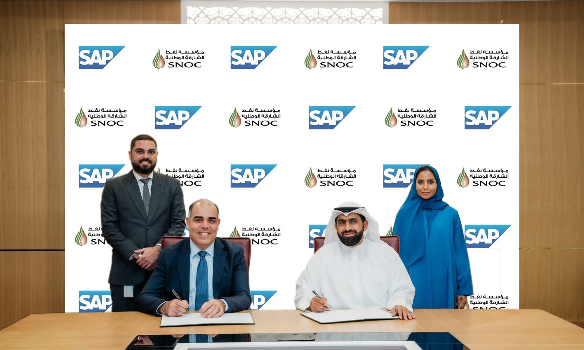 Marwan Zeineddine, Managing Director, SAP UAE and Khamis Al Mazrouei, CEO, SNOC, sign the agreement. 
The agreement was signed in the presence of Eddy Azar, Senior Account Manager, SAP UAE and Hala Alhashmi, IT Manager, SNOC

