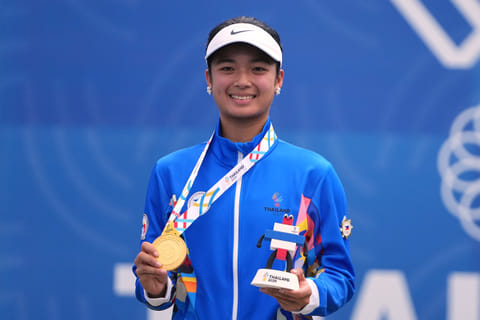 Philippine Eala Alexandra pose with gold medals during medal ceremony for tennis the women's final at the Southeast Asian Games in Bangkok, Thailand, Thursday, Dec. 18, 2025.