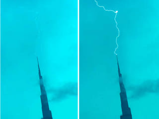 Lightning strikes Burj Khalifa as heavy rain hits parts of Dubai