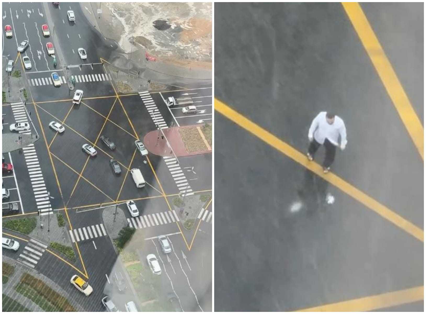 Streets flood across Dubai as a man stands in the downpour, helping motorists safely navigate