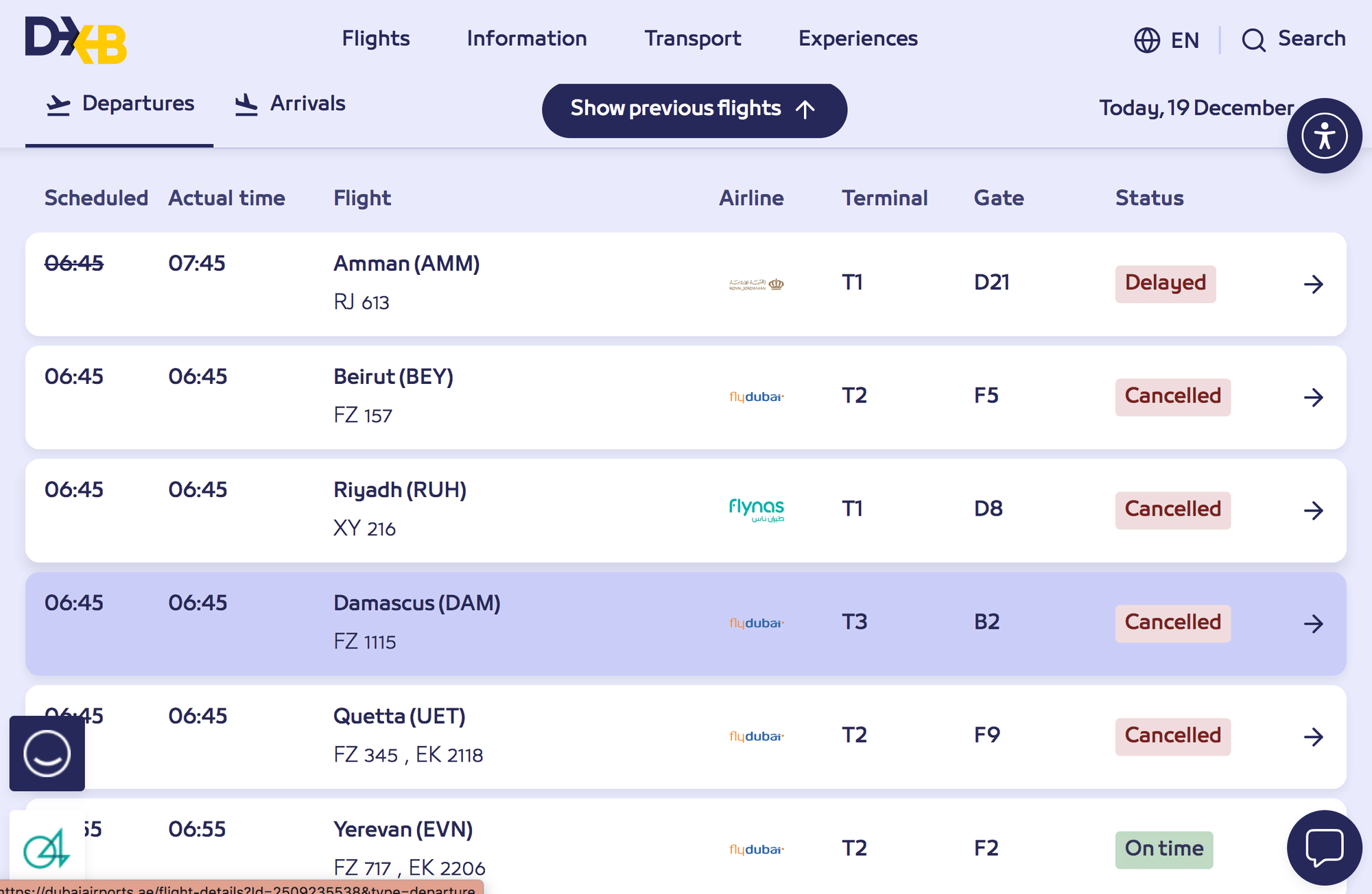 Flight disruptions continue at Dubai International Airport (DXB) early on Friday, December 19, 2025, as per Dubai Airports.