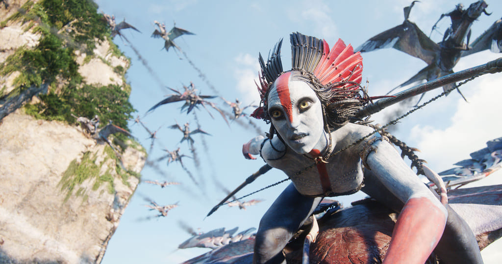 This image released by 20th Century Studios shows Varang, performed by Oona Chaplin, in a scene from "Avatar: Fire and Ash." (20th Century Studios via AP)
