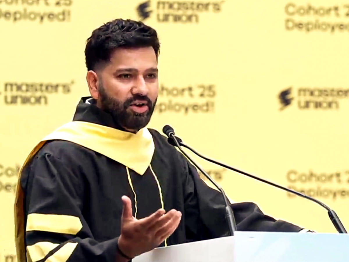 Rohit Sharma addresses the Master's Union Convocation 2025, in Gurugram, Haryana, on Sunday.