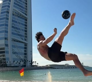 Zlatan Ibrahimovic unleashes a bicycle kick against the iconic Burj Al Arab backdrop in Dubai
