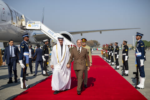 
President His Highness Sheikh Mohamed bin Zayed Al Nahyan  is received by Shehbaz Sharif, Prime Minister of Pakistan, upon arriving at Nur Khan Air Base in Islamabad, during an official visit.
