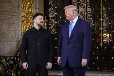 President Donald Trump greets Ukrainian President Volodymyr Zelensky at Trump's Mar-a-Lago club on December 28, 2025 in Palm Beach, Florida.