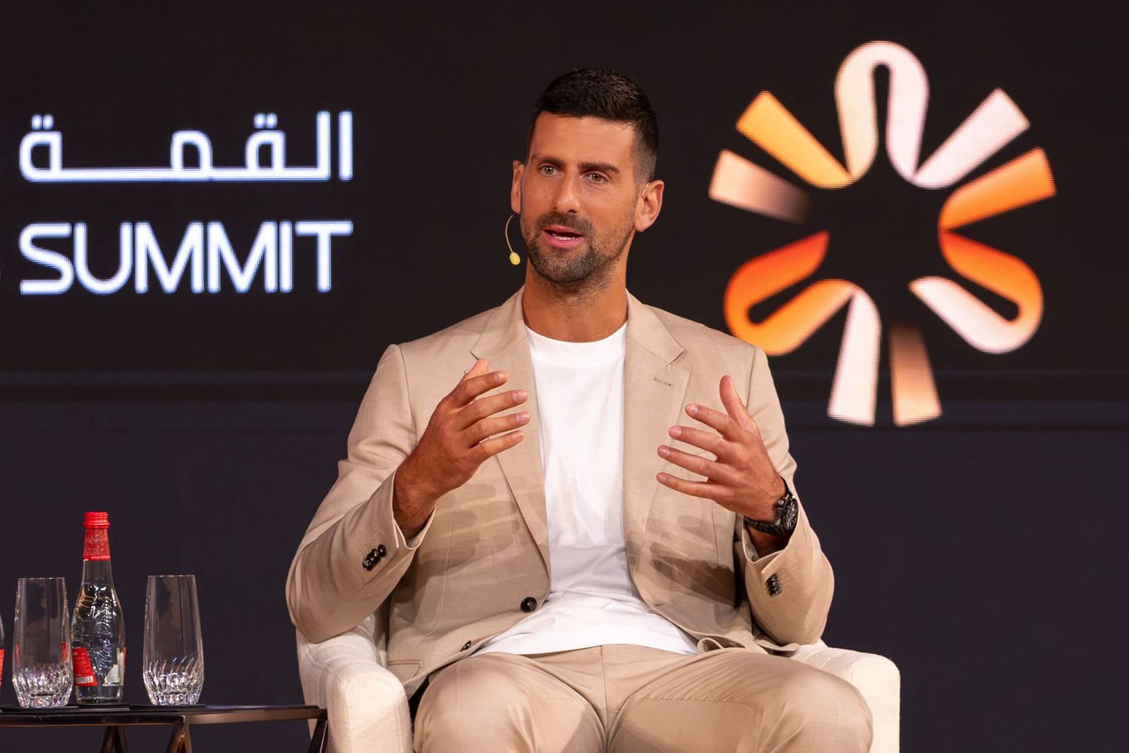 Novak Djokovic during a fireside chat on the opening day of World Sports Summit in Dubai on Monday. 