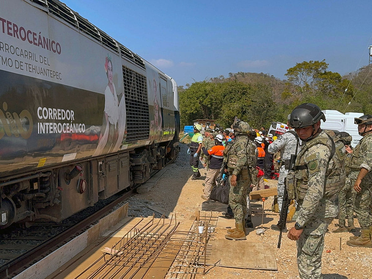 Mexican Army soldiers and Civil Protection members rescue passengers from the Interoceanic train that derailed in the Asunción Ixtaltepec area on the route to Oaxaca, Mexico.