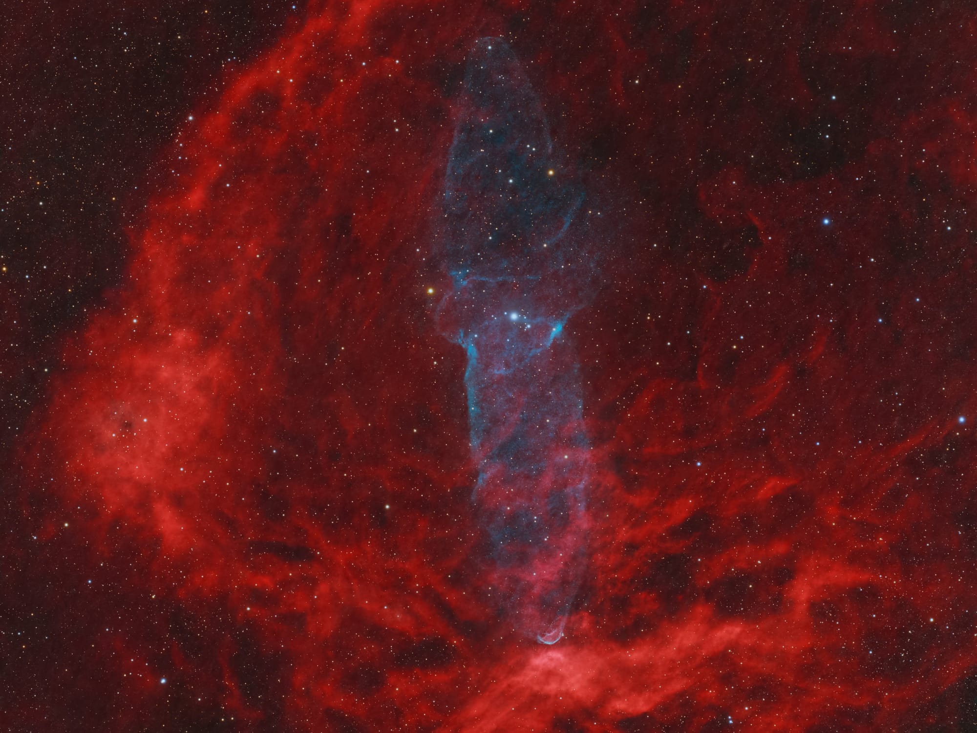  This faint nebula, captured with over 1,800 exposures, reveals its mysterious origins and contrasts beautifully with the brighter Flying Bat Nebula in the foreground.