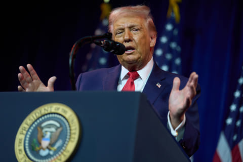 President Donald Trump speaks to House Republican lawmakers during their annual policy retreat, Tuesday, Jan. 6, 2026, in Washington. (AP Photo/Evan Vucci)