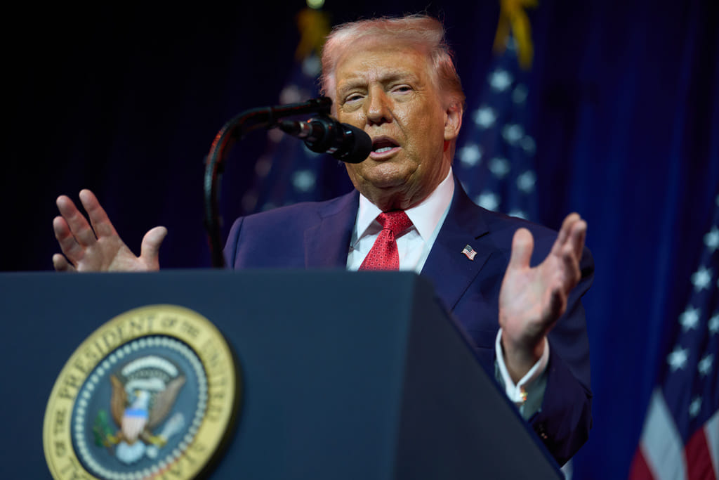 President Donald Trump speaks to House Republican lawmakers during their annual policy retreat, Tuesday, Jan. 6, 2026, in Washington. (AP Photo/Evan Vucci)
