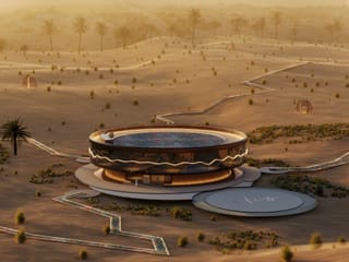 A conceptual rendering of CLIO House, envisioned as a spaceship, linked by river-like art installations in the Dubai desert.