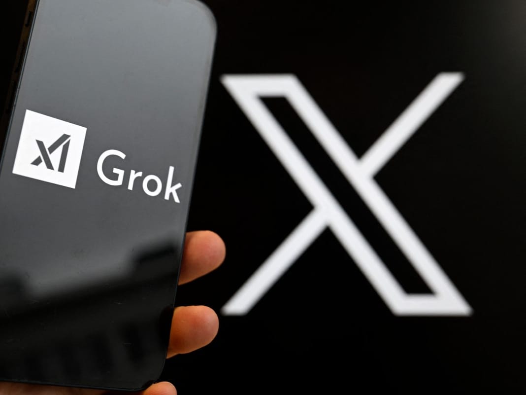 This photograph shows a smartphone bearing the logo of Grok, a generative artificial intelligence chatbot developed by US artificial intelligence company xAI in front of the X (formerly Twitter) logo.