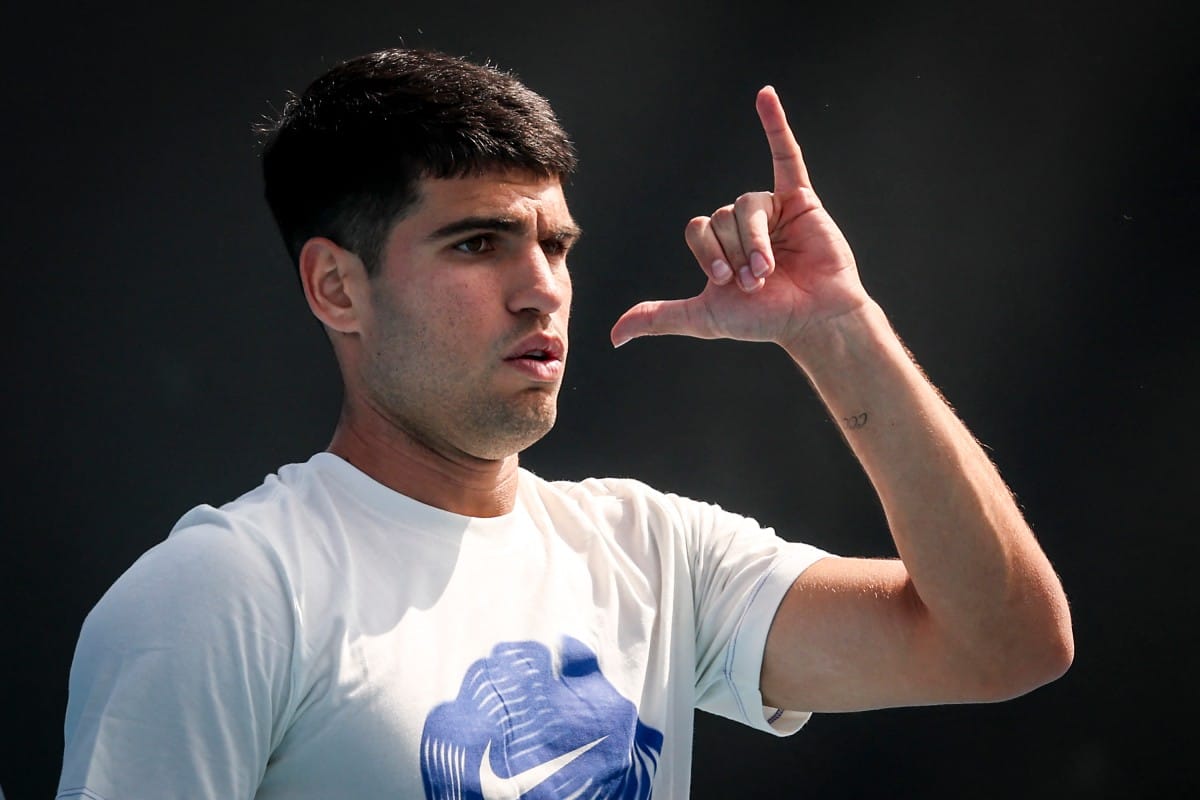 Spain’s Carlos Alcaraz gestures during a practice session in Melbourne on January 15, 2026, ahead of the Australian Open tennis tournament starting on January 18.