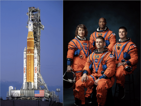 Artemis II crew (right): Reid Wiseman (Commander), Victor Glover (Pilot), Christina Koch (Mission Specialist), and Jeremy Hansen (Mission Specialist, Canadian Space Agency. The Space Launch System (SLS) rocket (left) is being prepped to launch from Nasa's Launch Complex 39B.