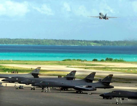 This file handout image from the US Department of Defence shows a US Air Force B-1B bomber taking off from the Diego Garcia military base on a strike mission against Afghanistan in Diego Garcia on October 7, 2001.