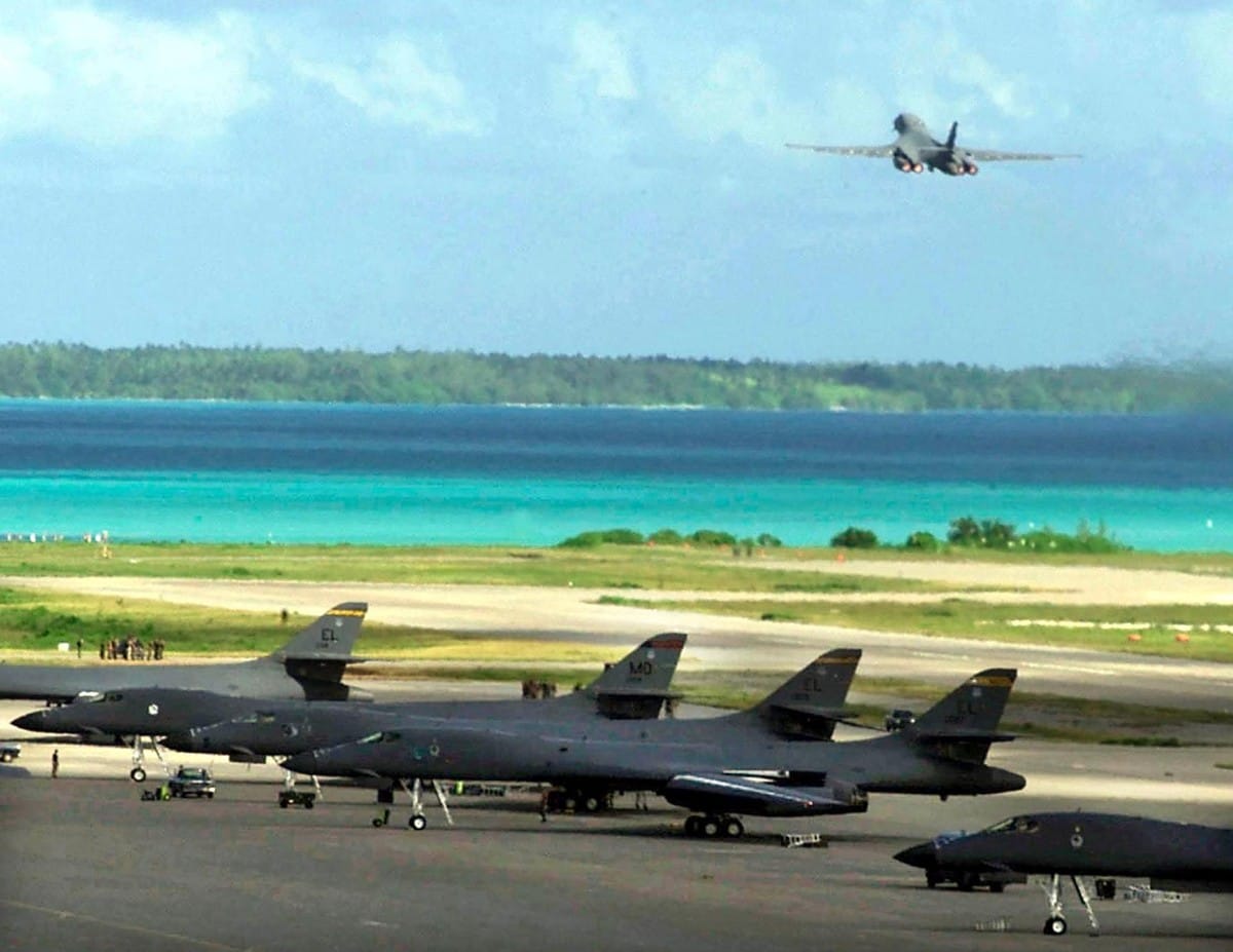 This file handout image from the US Department of Defence shows a US Air Force B-1B bomber taking off from the Diego Garcia military base on a strike mission against Afghanistan in Diego Garcia on October 7, 2001.