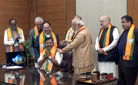 Newly elected BJP National President Nitin Nabin takes charge in the presence of Prime Minister Narendra Modi, Union Home Minister Amit Shah, Union Defence Minister Rajnath Singh, Union Minister of Road Transport and Highways Nitin Gadkari, and outgoing BJP National President JP Nadda, at the party headquarters, in New Delhi on Tuesday. 