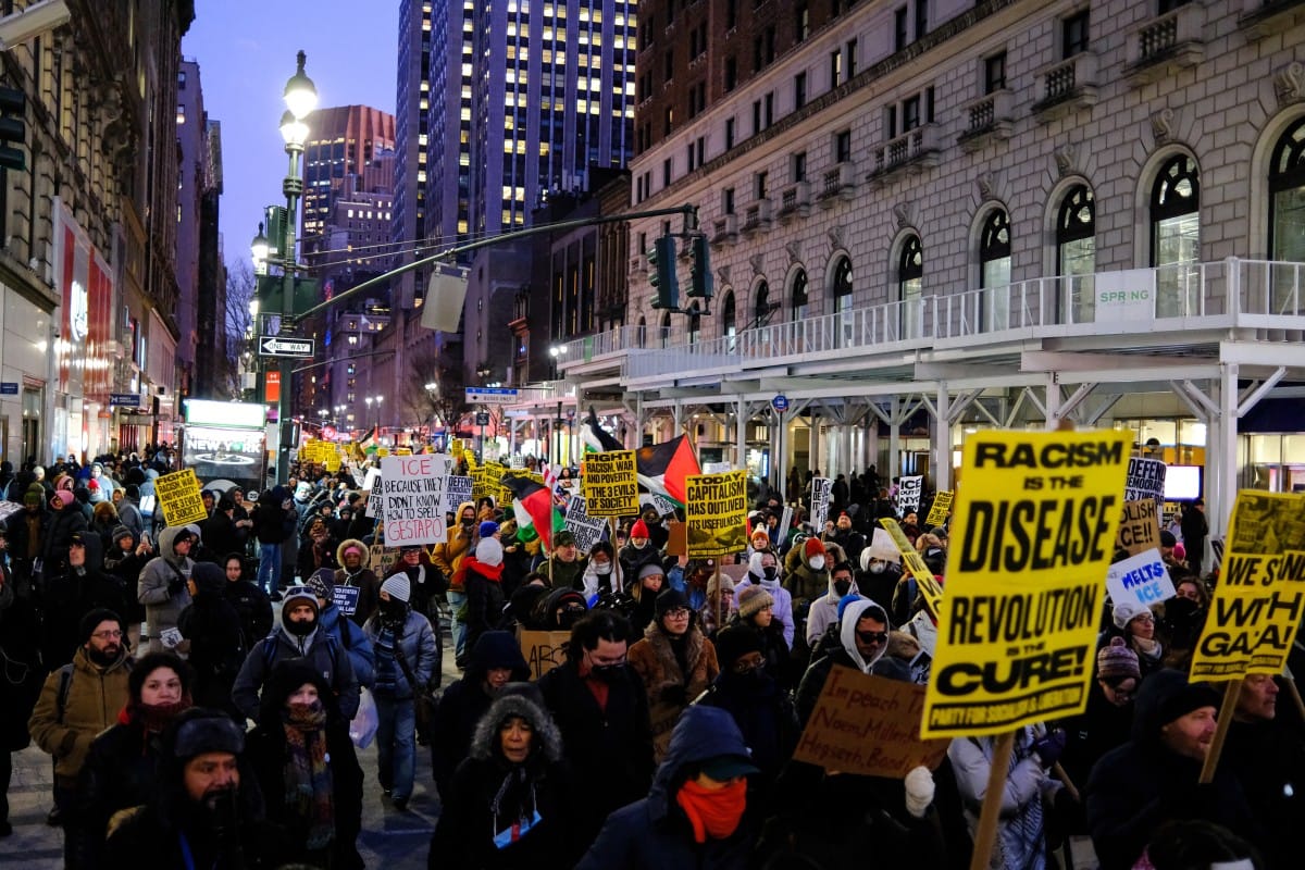 People take part in the nationwide "Stop ICE Terror" rally in New York on January 20, 2026, protesting US President Donald Trump’s immigration policies.