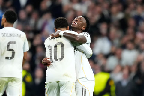 Real Madrid's Vinicius Junior celebrates his side's fifth goal during the Champions League opening phase soccer match between Real Madrid and Monaco in Madrid on Tuesday, Jan. 20, 2026. (AP Photo/Jose Breton)