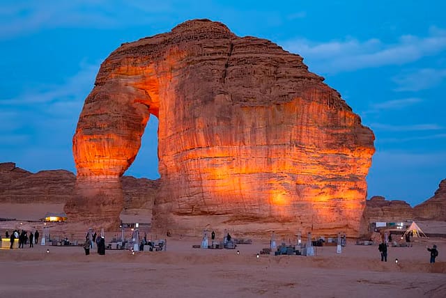 Tourists at the Elephant Rock. The Elephant Rock is one of the world’s most popular rocks and the highlight of the region of AlUla.