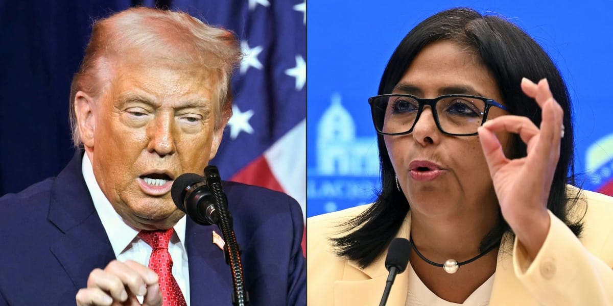 This combination of pictures created on January 07, 2026 shows US President Donald Trump speaks during the House Republican Party (GOP) member retreat at the Kennedy Center in Washington, DC, on January 6, 2026, and Venezuelan vice-president Delcy Rodriguez gestures as she speaks during a press conference at Miraflores Presidential Palace in Caracas on August 18, 2022.