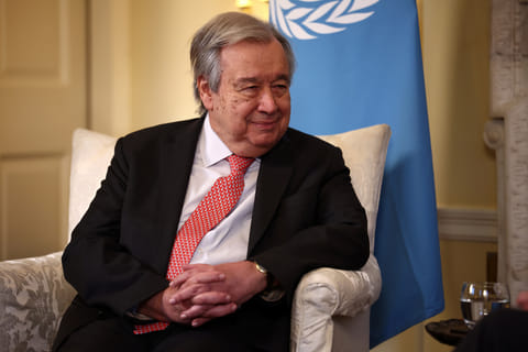 UN Secretary General António Guterres is welcomed by Britain's Prime Minister Keir Starmer to 10 Downing Street, London, Friday, Jan. 16, 2026. (Henry Nicholls/Pool Photo via AP)