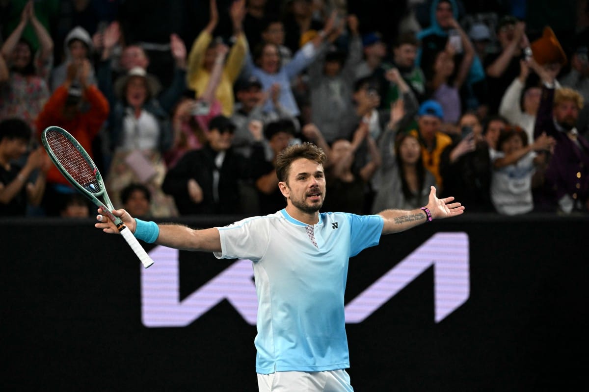 Switzerland’s Stan Wawrinka celebrates after winning against France's Arthur Gea during their men's singles match on day five of the Australian Open tennis tournament in Melbourne on January 22, 2026.