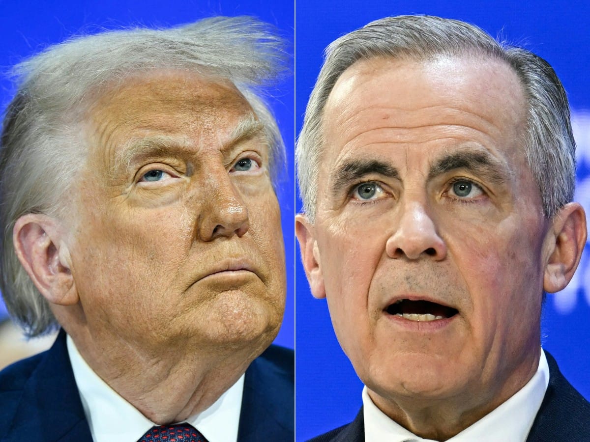 This combination of pictures created on January 24, 2026 shows, L/R, US President Donald Trump in Davos on January 22, 2026 and Canada's Prime Minister Mark Carney in Davos on January 20, 2026.