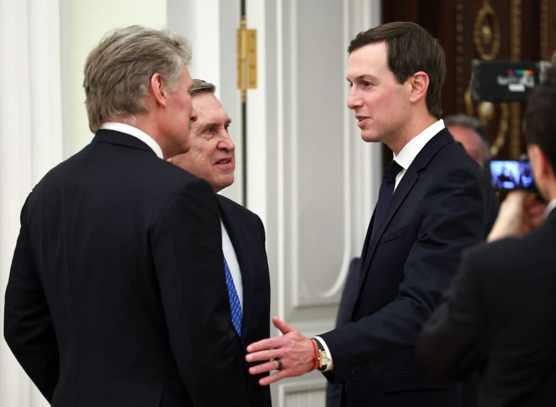 Kremlin spokesman Dmitry Peskov, Kremlin foreign policy aide Yuri Ushakov and US President Donald Trump's son-in-law Jared Kushner talk to each other prior to a meeting with Russia's President at the Kremlin in Moscow on January 22, 2026.  