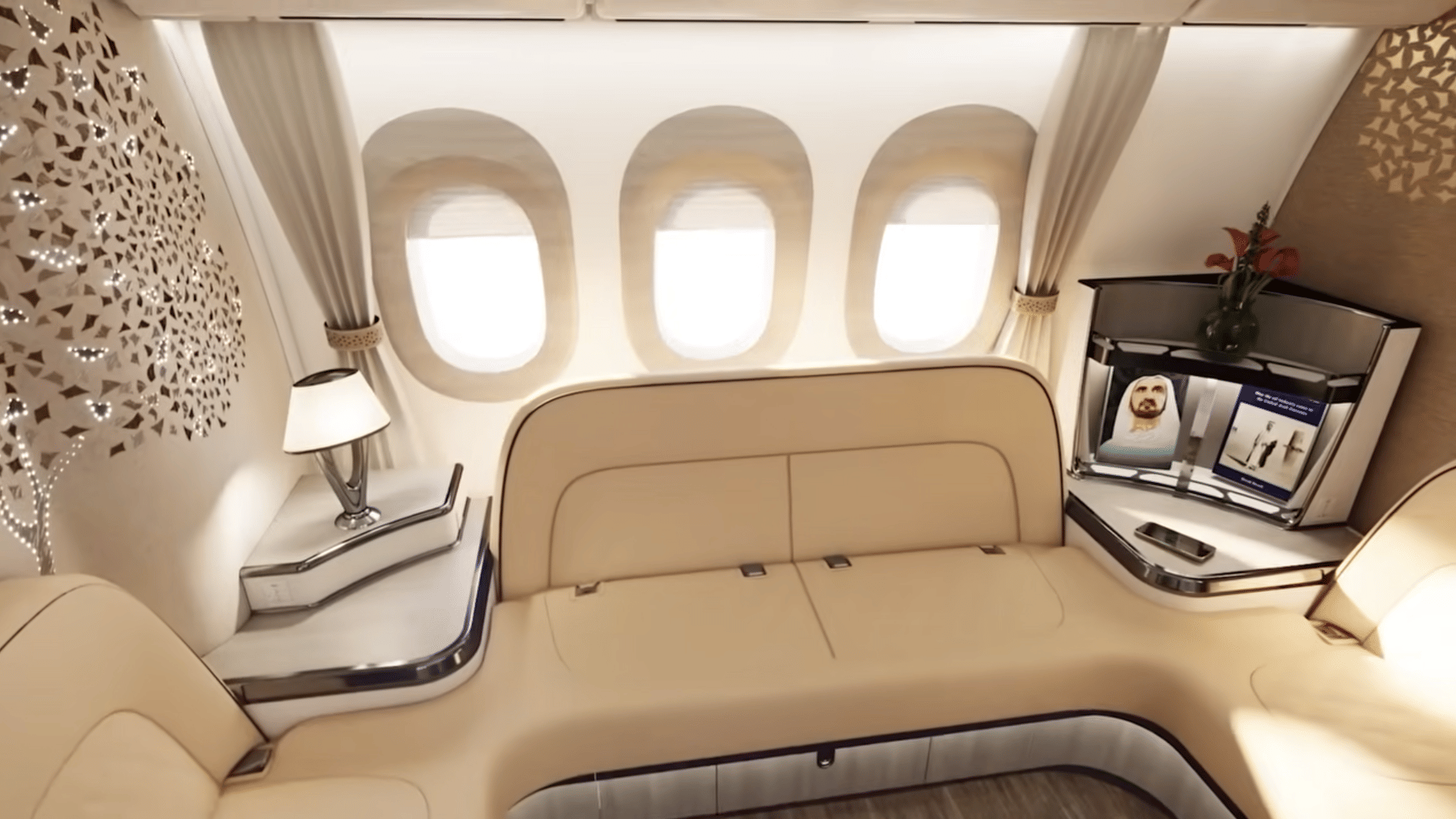 A brief CGI clip in an Emirates YouTube tribute to Sir Tim Clark appears to show the airline’s future Boeing 777X cabin, featuring business class suites with doors and a lounge-style seating area.

