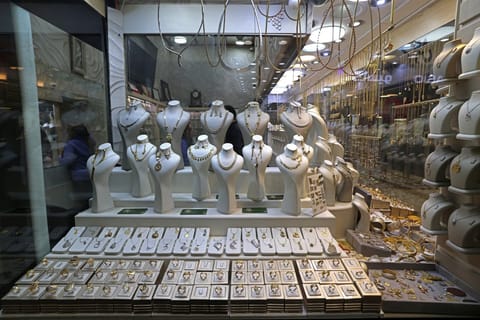 A gold jewellery shop is pictured in Tajrish Bazaar, in Tehran on January 28, 2026.