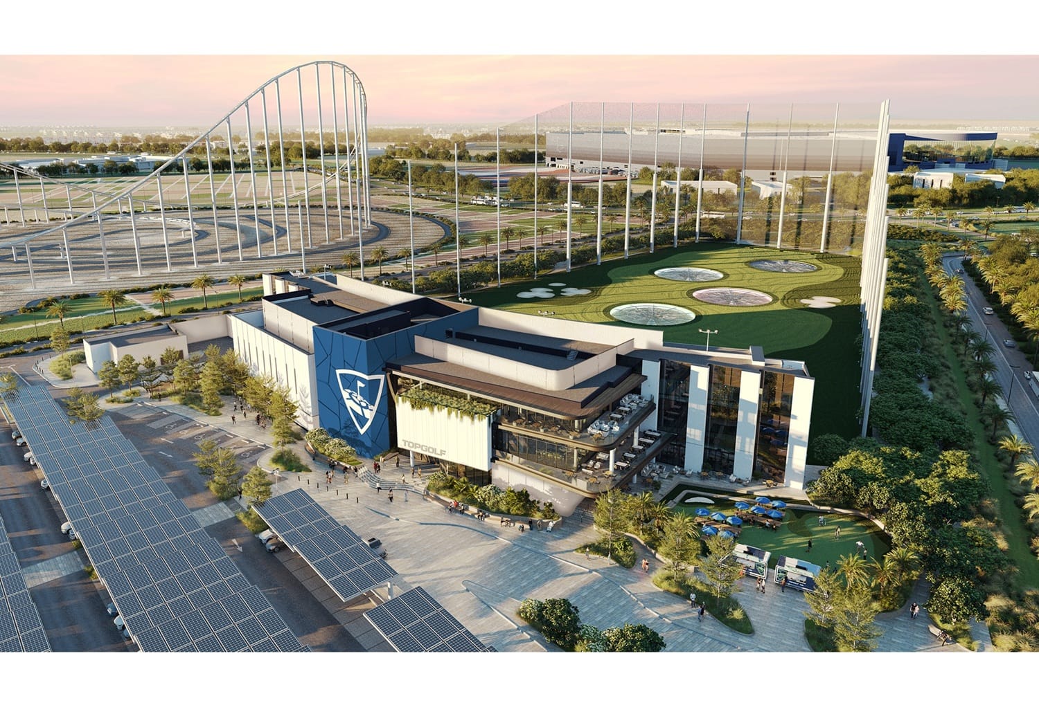 Artist render showing the exterior of the future Topgolf venue on Yas Island in Abu Dhabi.