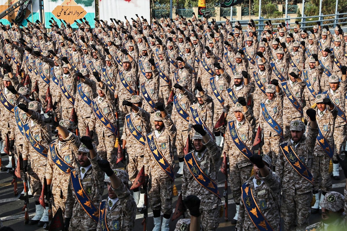 This handout file picture provided by the Iranian presidency on September 22, 2019 shows members of Iran's Islamic Revolutionary Guard Corps (IRGC) giving a military salute during a military parade in Tehran.