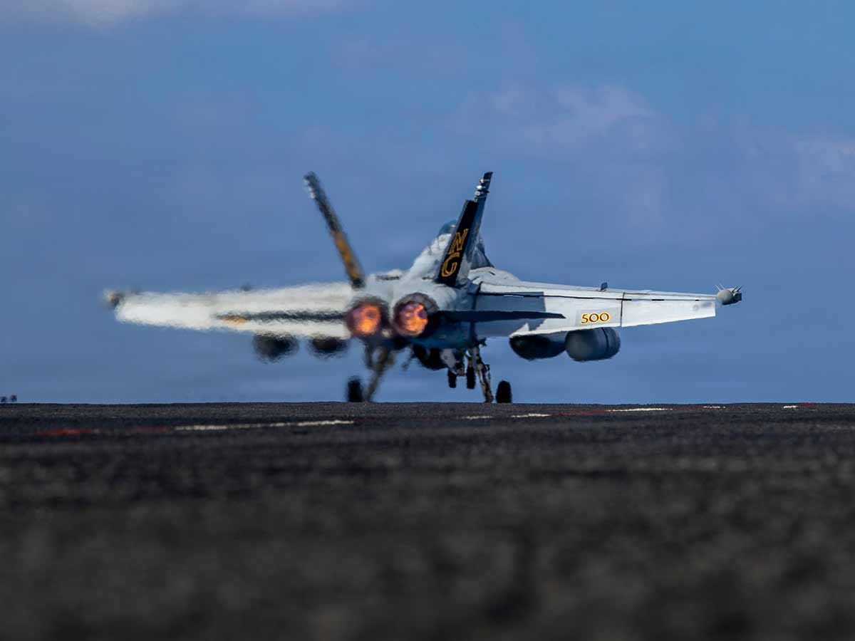 US Navy shows an EA-18G Growler launching from the flight deck of the Nimitz-class aircraft carrier USS Abraham Lincol