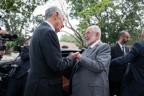H.H. Sheikh Dr Sultan bin Mohammed Al Qasimi, Supreme Council Member and Ruler of Sharjah, with Marcelo Rebelo de Sousa, President of the Portuguese Republic, during the Lisbon trip.