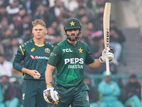 Pakistan's Salman Ali Agha, front, celebrates after his fifty during the second T20I againist Australia, in Lahore, Pakistan, Saturday, January 31, 2026. 