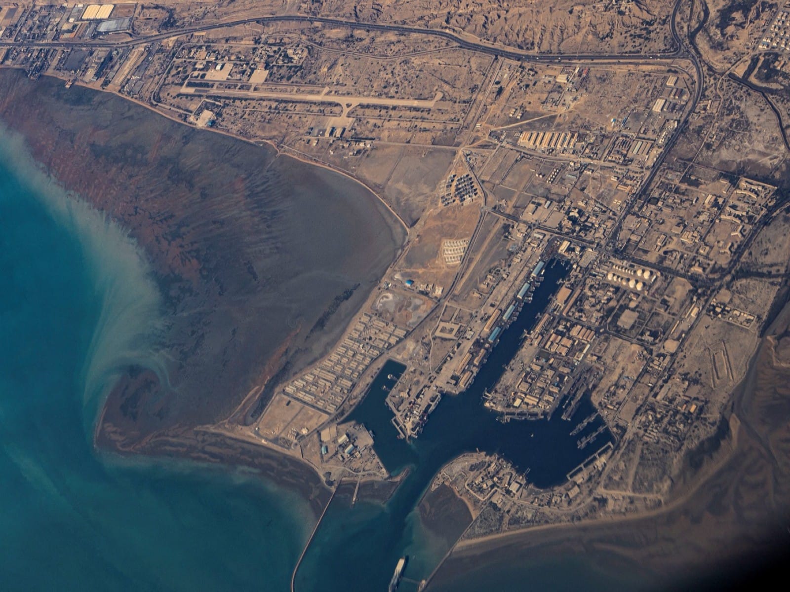 An aerial view of the Iranian shores and the Port of Bandar Abbas.