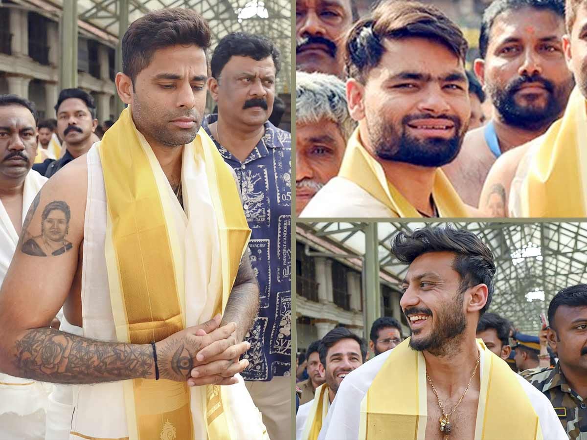  India captain Suryakumar Yadav, Rinku Singh and Axar Patel in traditional Kerala attire at the Sree Padmanabhaswamy Temple in Thiruvananthapuram.