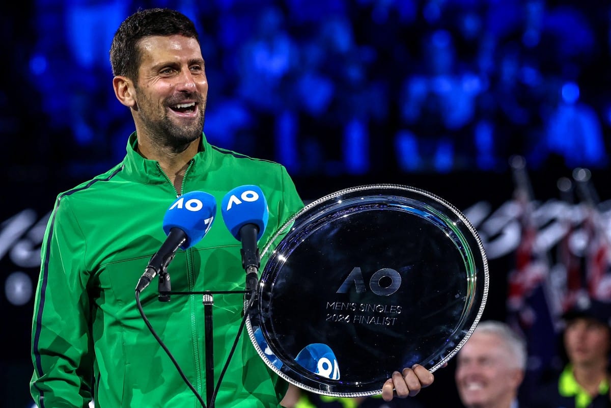 Serbia’s Novak Djokovic speaks after receiving the runner-up shield following his defeat to Carlos Alcaraz