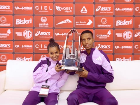 Nibret Melak (Men) and Anchinalu Dessie (women) both from Ethiopia winners of the 25th anniversary edition of the Dubai Marathon