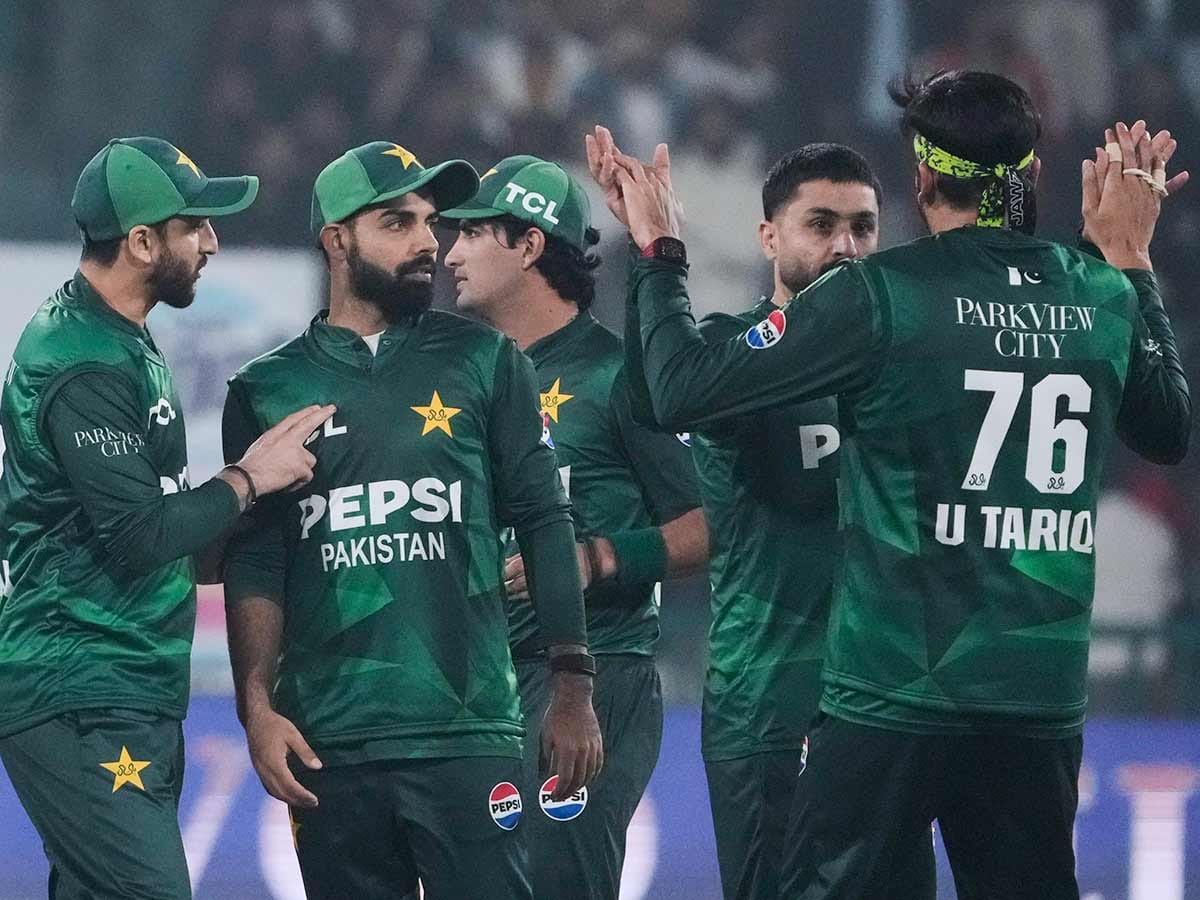 Pakistan players celebrate the dismissal of Australia's Mitchell Marsh during the second T20I in Lahore, Pakistan, on Saturday, January 31, 2026. 