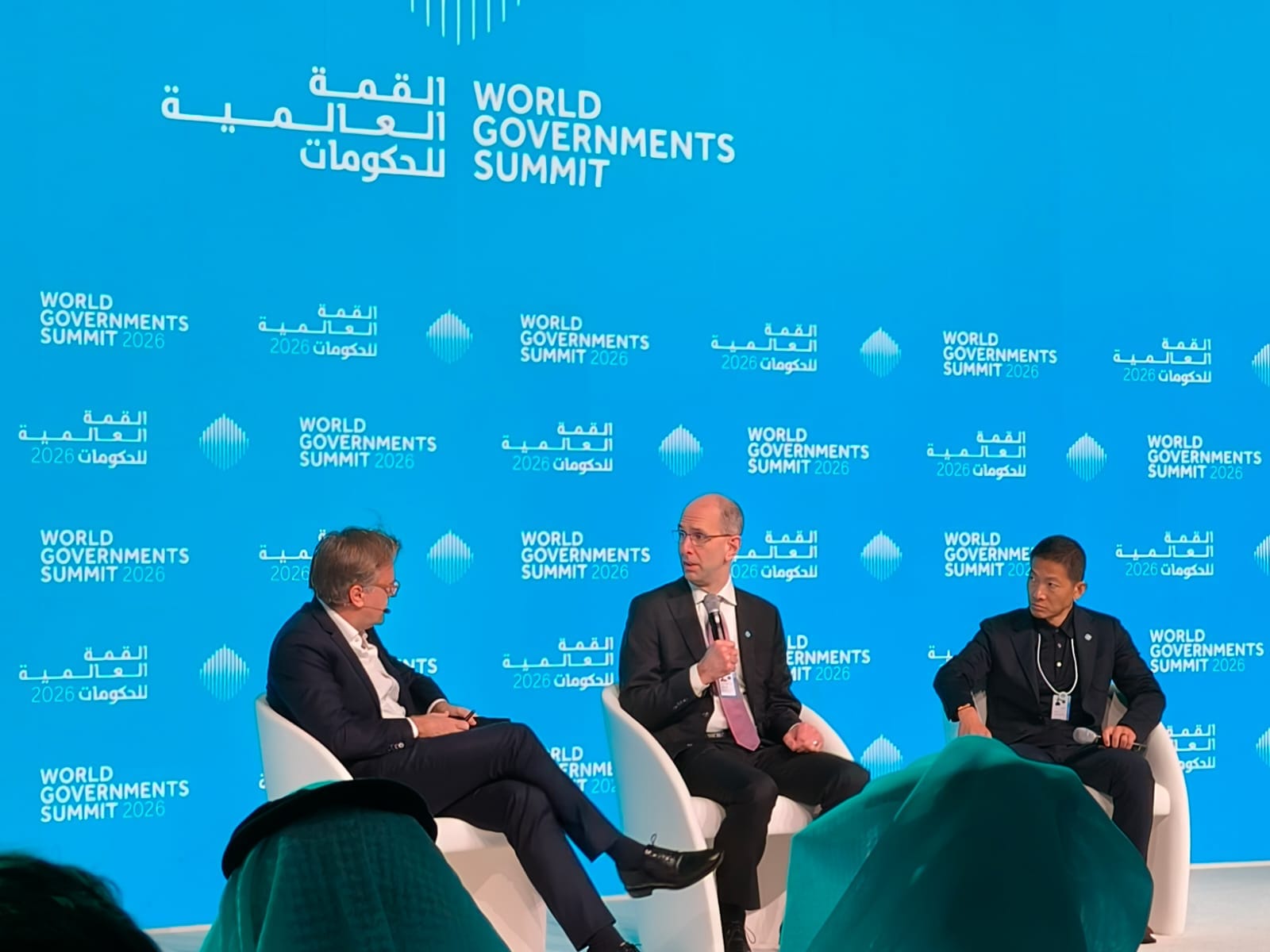 Scott Guthrie, Executive Vice President of Microsoft’s Cloud + AI Group, and Peng Xiao, Group CEO of G42, at the World Government Summit 2026 in Dubai.